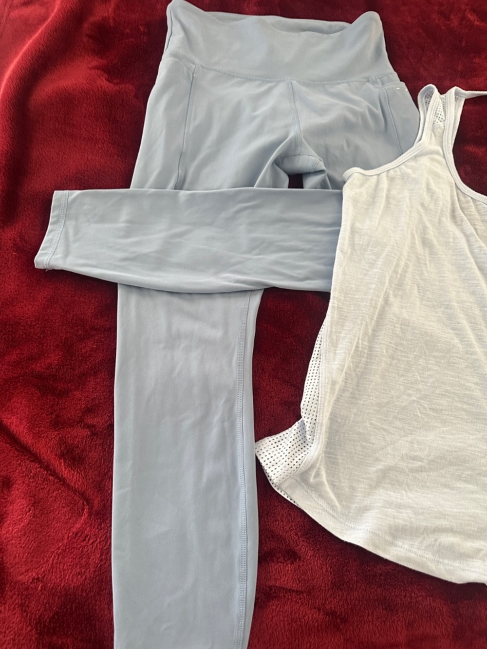 Marika 2 piece outfit. S/M. Cornflower Blue High-Waist Leggings & Lt. blue tank